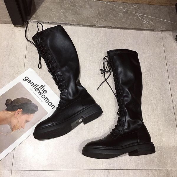 

net red elastic cloth strap high boots female knight small boots winter plus velvet 2020 new, Black