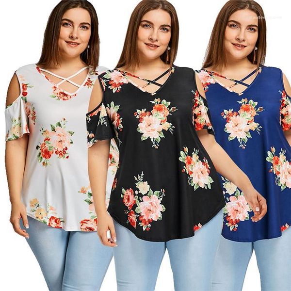 

famale плюс размер одежды женщины без бретелек v шеи с коротким рукавом футболки сыпучие цветочные летняя мода тройники, White