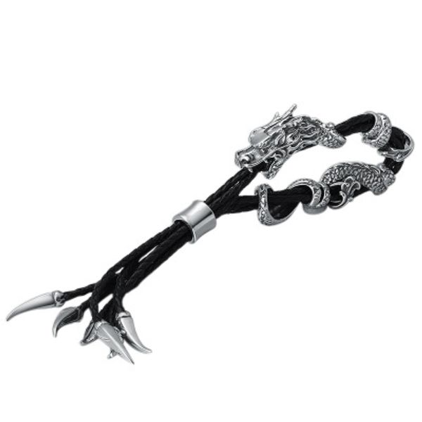 

925 sterling silver couple adjustable bracelet women men leather black weave rope dragon bracelet bangle jewelry