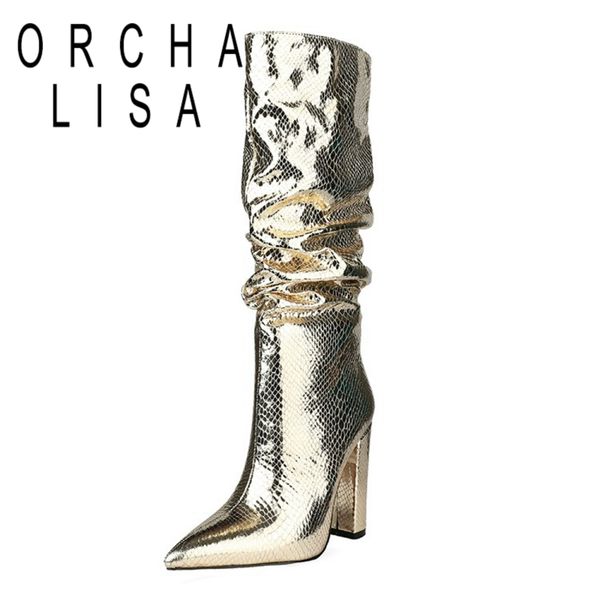 

orcha lisa shining knee-high boot pointed toe 11cm hoof heels metal serpentine zipper slip on plus size 34-45 glod leisure c1946, Black