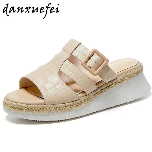 

women's genuine leather slip-on platform flats sandals leisure soft comfortable female footwear summer casual shoes, Black