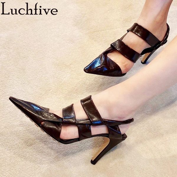 

sandals pointy toe wrap gladiator women glossy hollow designer leahter brand high heel dress shoes mujer, Black