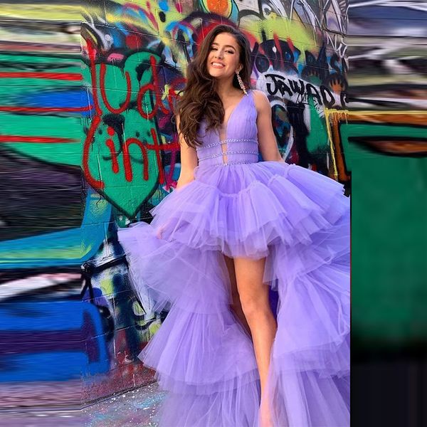 

puffy lavender high low prom dresses beadings tiered layers tulle girls pageant gowns vestidos back evening dress cheap, Black