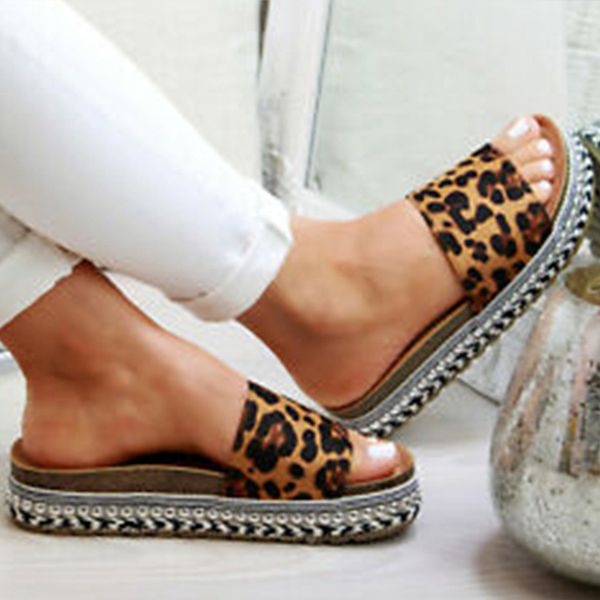 

women leopard slippers 2020 bow slides platform women's summer slip on footwear ladies fashion flat female casual beach shoes, Black