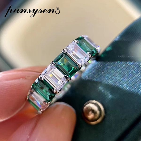 

pansysen original design emreald created moissaite gemstone rings for women real 925 sterling silver round couple ring wholesale, Golden;silver