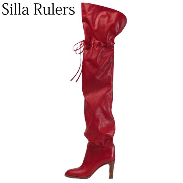 

silla rulers 2020 fashion coarse heel super high lace up over the knee boots women round toe long boots knight for woman, Black
