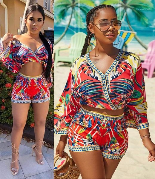 

loose high waist shorts women two piece sets bohemia designer v neck 3/4 sleeve short tshirt, White