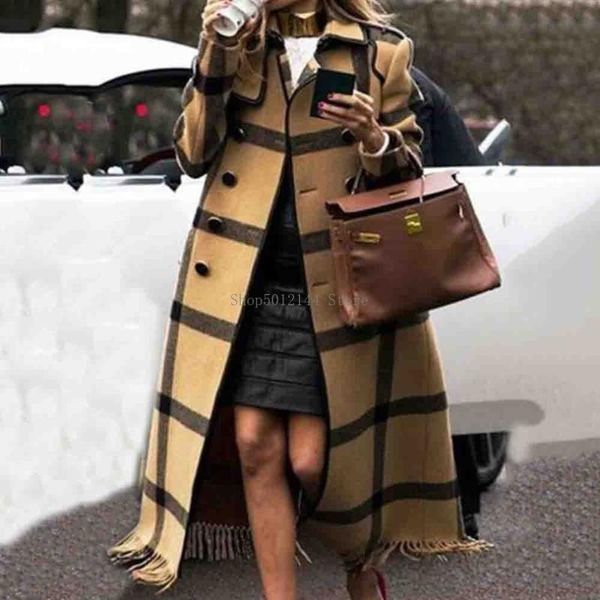 

fall winter women's retro wool blend overcoat british yellow graphics long trench coat plus size office ladies overcoats 2020, Black