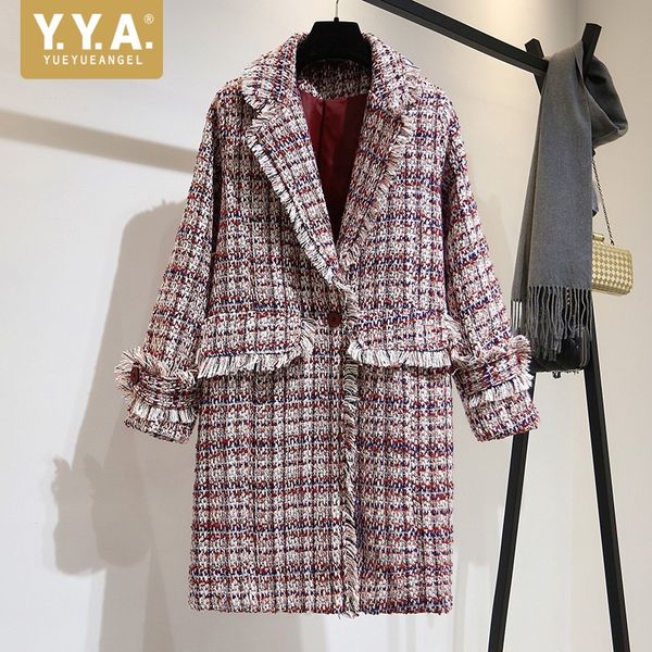 

winter new tassel plaid tweed coat women streetwear single button overcoat luxury elegant office lady tweed long jacket s, Black