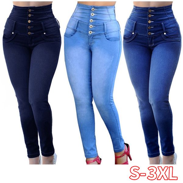 

high waist women jeans buttons female pant slim elastic plus size stretch jeans plus size denim blue skinny pencil pant