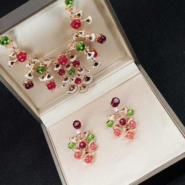 

wholesale zircon diamonds and red stone fan flower tassel 18k rose gold plated necklaces and earrings party jewelry sets for women, Silver