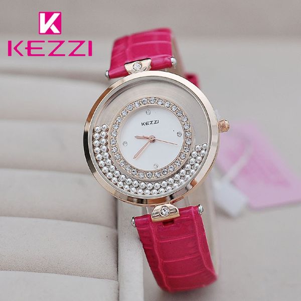 

kezzi brand ladies dress watch casual fashion flowing bead inlaid crystal dial waterproof pu strap quartz watches for women, Slivery;brown