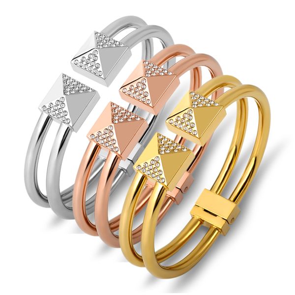 

classic brand geometry crystals bangles & bracelets for women jewelry double row stainless steel bangles men pulseiras, Black