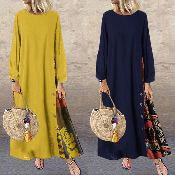 

casual dresses women's long maxi dress ladies sleeve patchwork printed vestidos 2021 zanzea party beach female kaftan robe, Black;gray