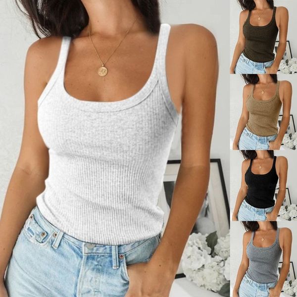 

women sleeveless u neck tank ribbed knit solid color basic slim vest, White