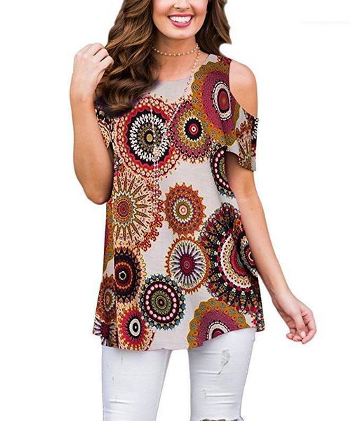 

womens off shoulder short sleeved tshirt summer round neck pullover color print loose tees casual famale tees, White