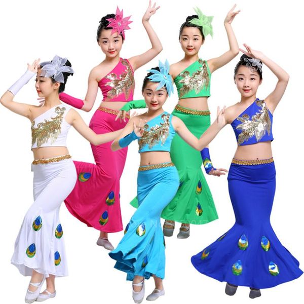 

children belly dance 100-160cm oriental costumes for kids shoulder off girl sequin peacock fish tail skirt stage performance, Black;red
