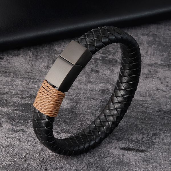 

2020 fashion stainless steel men's bracelet black leather magnet buckle braided bangles cool boy wristband for bracelet, Golden;silver