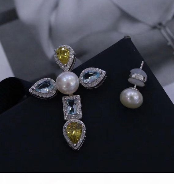 

pure 925 sterling silver cz diamond natural pearl earrings designer 18k gold plated women designer party jewelry, Golden;silver