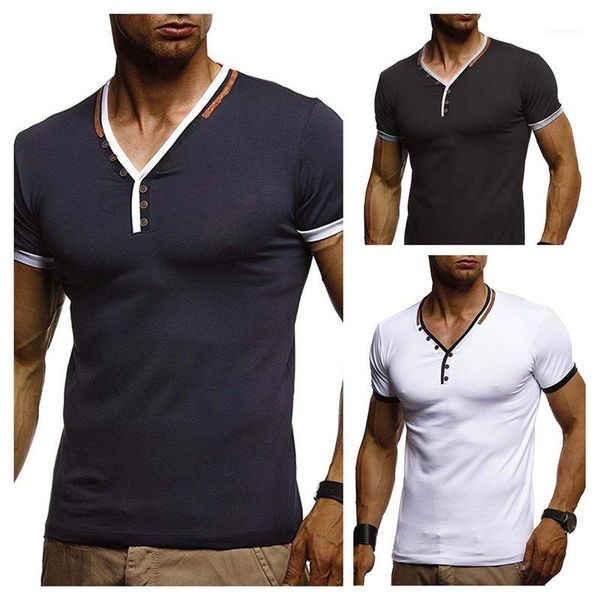 

mens panelled button tshirt v neck striped print tees summer designer regular length short sleeved, White;black