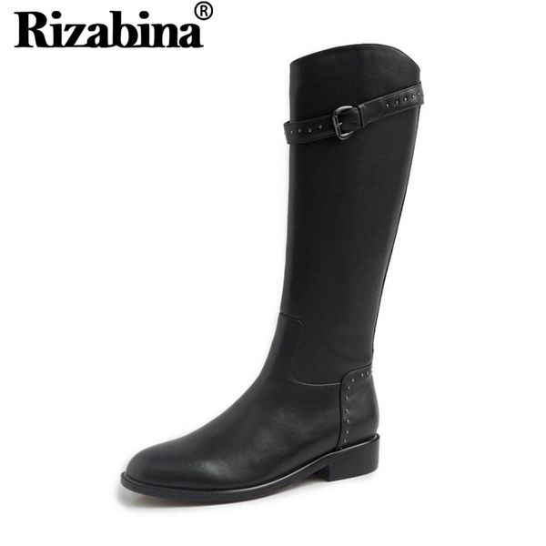 

rizabina women real leather rivets buckle knee high boots flats office knight boots daily party outdoor footwear size 34-43, Black