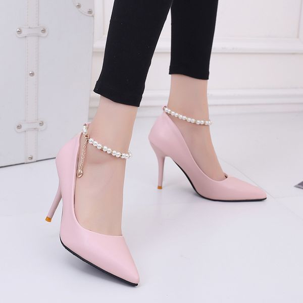 

women's high heels 2020 spring new white pearl chain stiletto shallow shoes women's shoes, Black