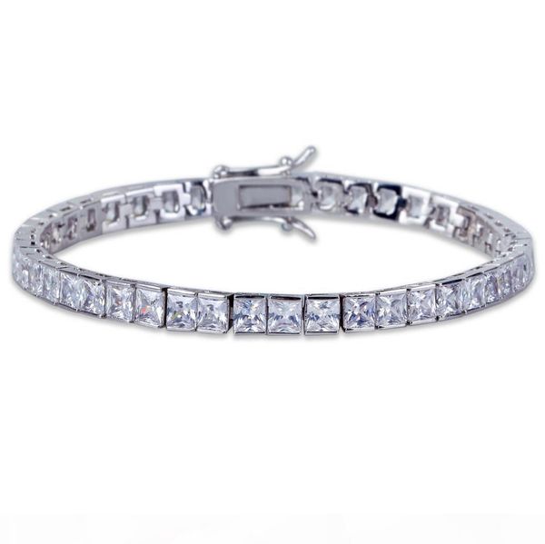 

6mm square cubic zirconia hiphop bracelets women men 1 row blingbing zircon bangle copper hip hop toggle clasps cz tennis link chain jewelry, Golden;silver
