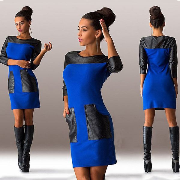 

autumn bodycon dress ladies office mini dress pu splice sleeve pocket o-neck slim for women fashion clothing vestido, Black;gray