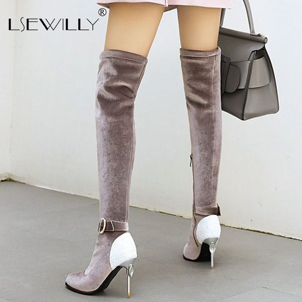 

lsewilly 2020 autumn 9cm high heels women boots flock over the knee boots lady thin heels thigh high long, Black