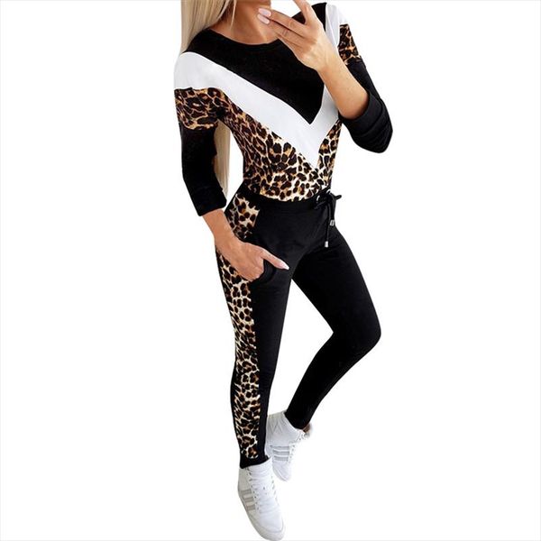 

2pcs женщины tracksuit толстовка толстовка брюки комплекты женская мода leopard печать outfit дама спорт повседневный костюм, Gray