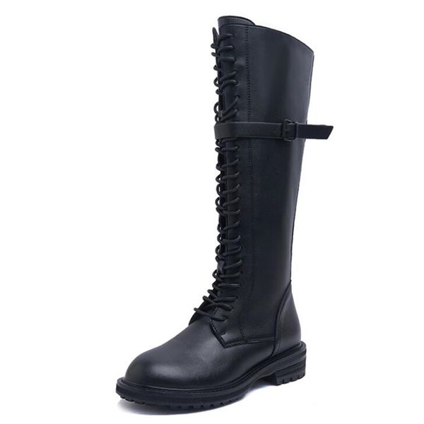 

genuine leather platform knee high boots spring autumn women long boots square heel solid color women lace up round toe, Black