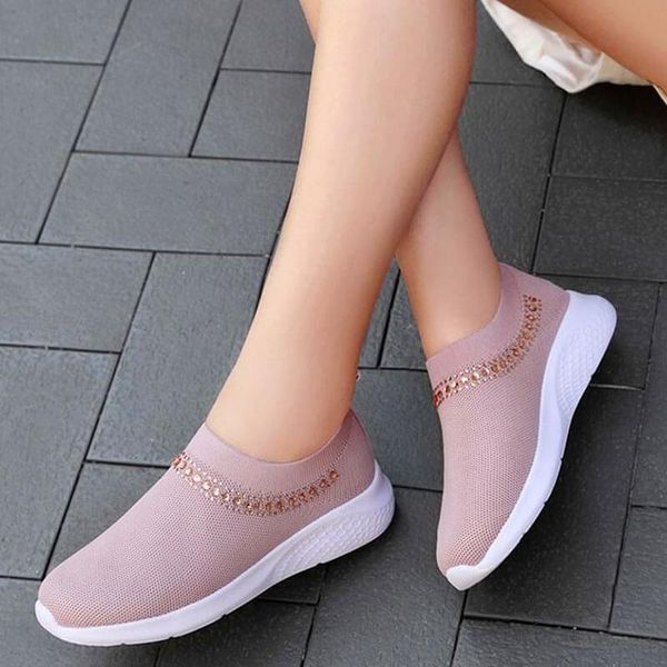 

women flats shoes woman slip on plus size breathable mesh sneakers shoe shiny crystal chaussures femme zapatos mujer sapatod1270, Black