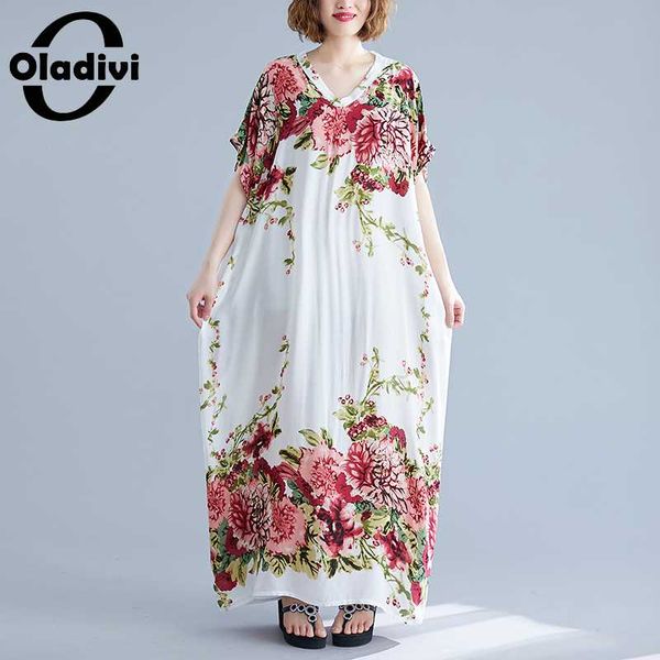 

oladivi oversized plus size women clothing summer 2020 fashion print bohemian beach dress ladies maxi long dresses vestidios 8xl, Black;gray