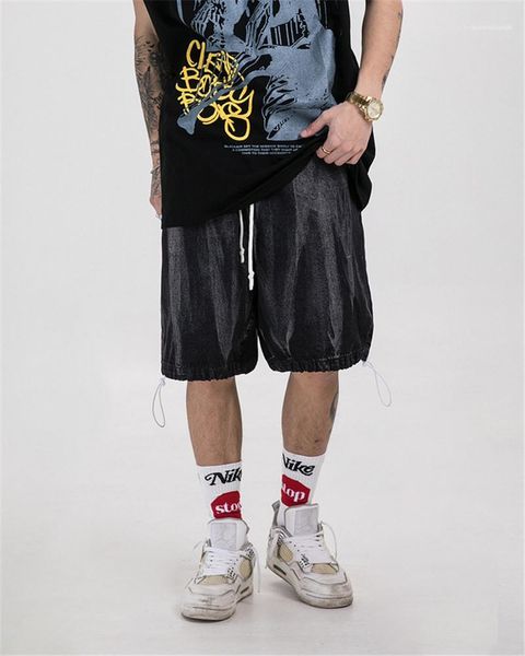 

clothes hip hop style mens designer pants fashion washed bleached pants loose casual knee length pants men, Black
