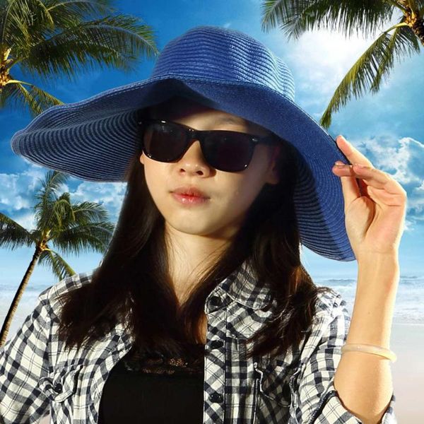 

summer hoilday floppy straw hat women ladies wide brim beach foldable bow flower straw sun hat sun protection caps, Blue;gray
