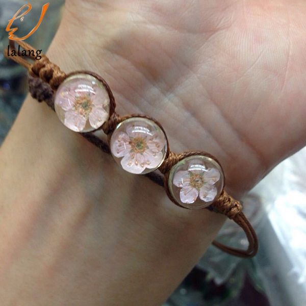 

2020 new spring & summer boho style vintage dried flowers glass ball bracelet weave lucky grass bracelets, Golden;silver