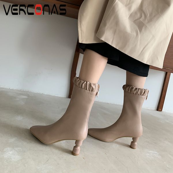 

verconas new woman mid-calf boots autumn winter new concise elegant pleated genuine leather 2020 fashion high heels boots woman, Black