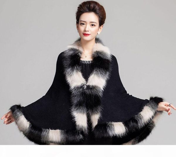 

faux fox fur mixed color poncho coat autumn winter fashion knitted cardigan wool cashmere sweater womens capes and ponchoes, Blue;gray