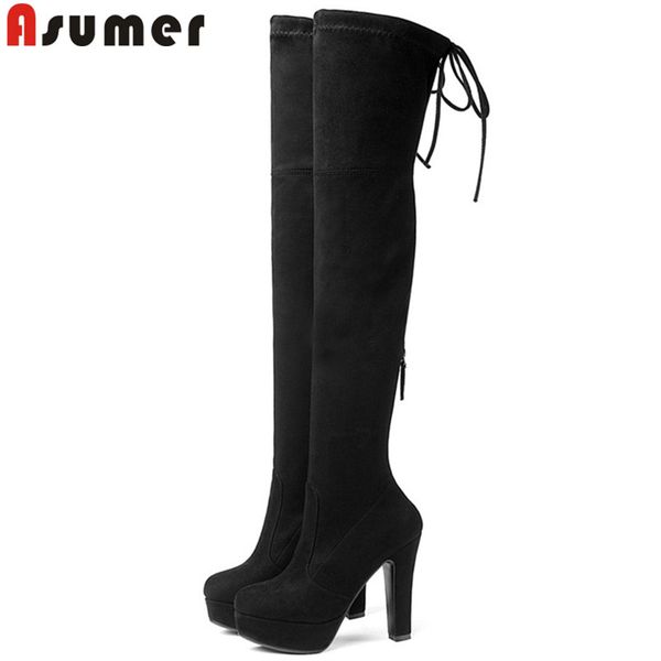 

asumer autumn winter new over the knee boots women round toe platform super high heels thigh high elastic boots flock 2020 new, Black