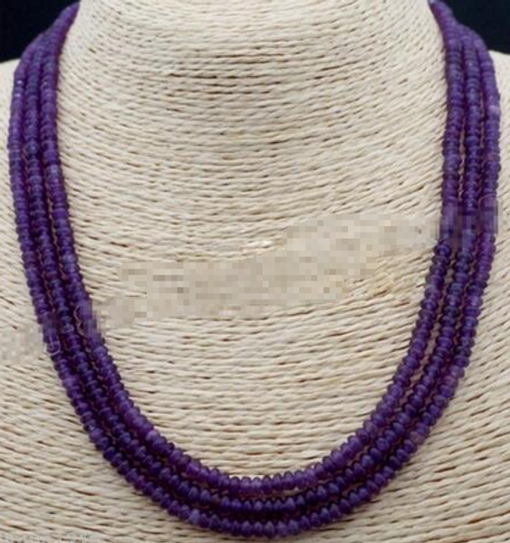 

2x4mm natural amethyst faceted gems beads necklace 3 strand, Silver
