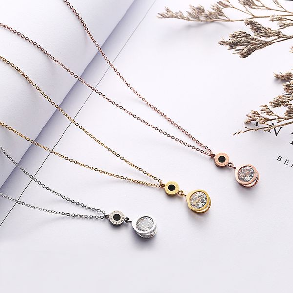 

pendant necklaces ty127 fashion roman numerals inlaid shell zircon titanium steel necklace women's rose gold clavicle chain, Silver