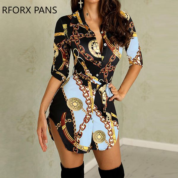 

women chains print belted casual shirt dress, Black;gray