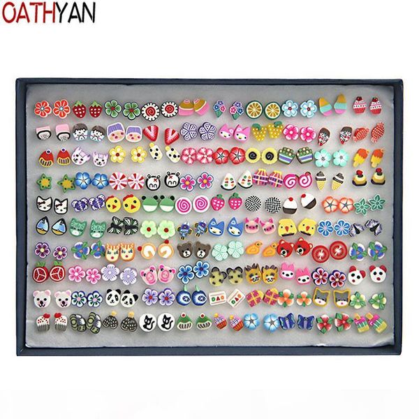 

wholesale 100 pairs set handmade plant fruit stud earrings sets mix girl kids minimalist jewelry flower polymer clay earrings gift, Golden;silver