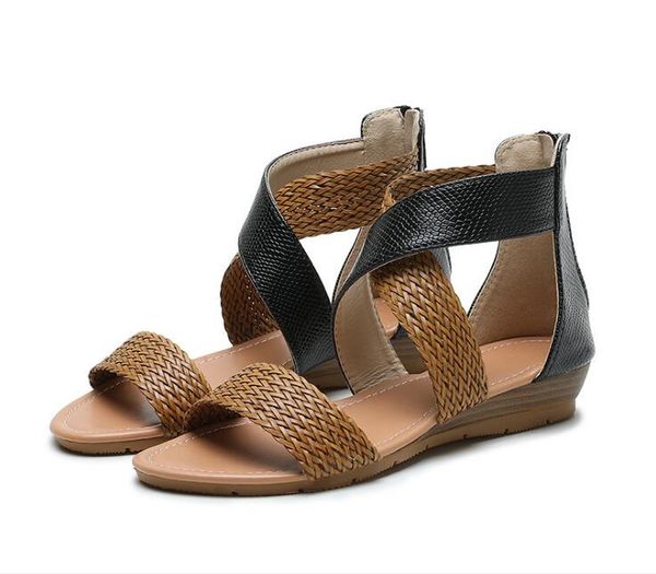 

large size roman shoes bohemia snake print women's sandals all-match wedge sandals pure color simple beautiful, Black