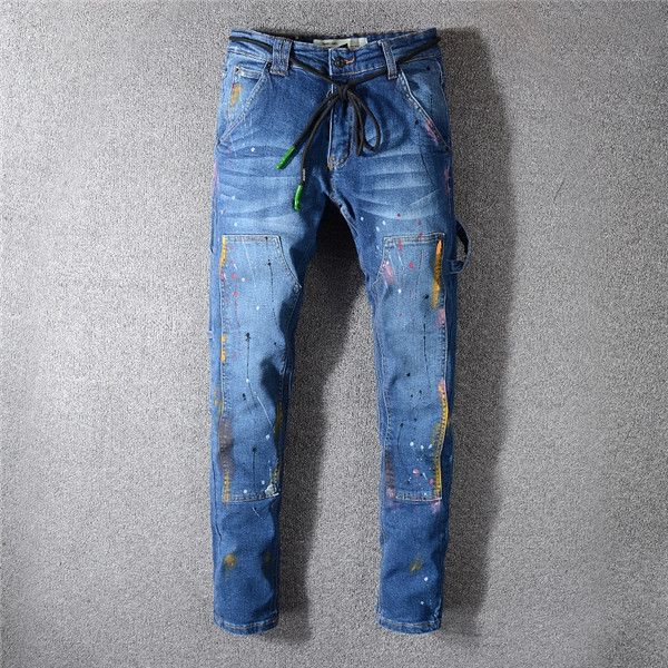 

20ss mens designer jeans fashion street style washed ripped holes pencil pants longmotorcycle biker denim for mens skinny jeans, Blue