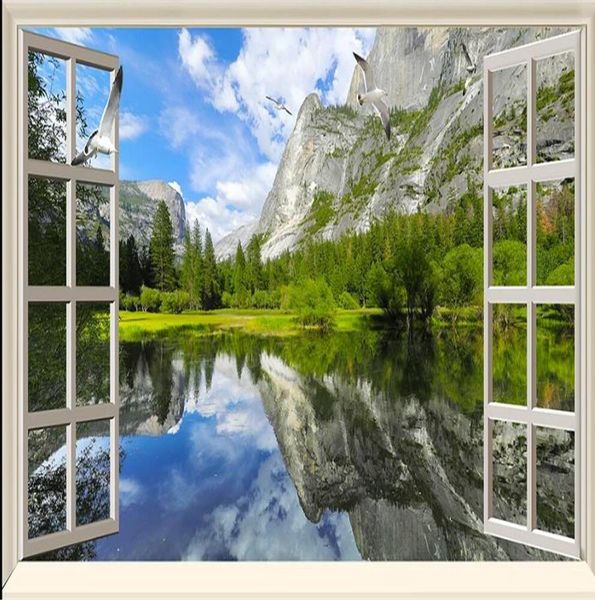 красивые пейзажи обои 3D трехмерный пейзаж обои фон стена с видом на озеро и горы за окном