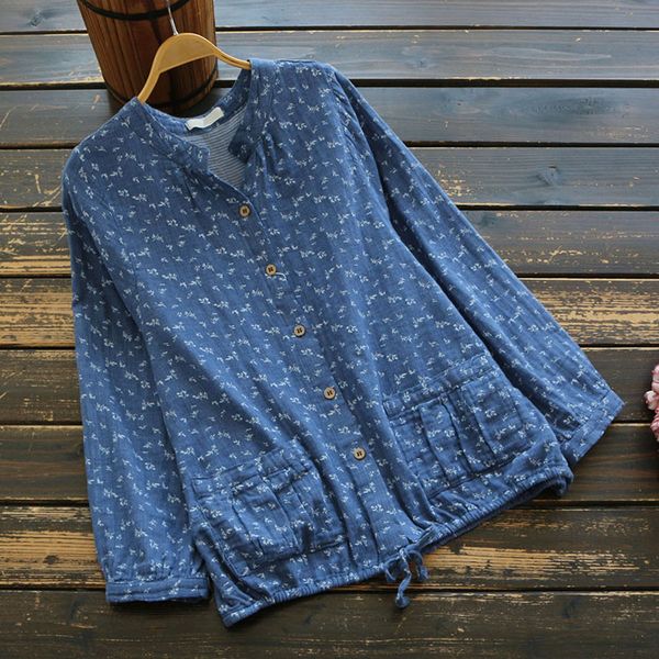 

6657 mori girl autumn women loose v-neck cotton shirt female casual single-breasted long sleeve print big size blouse, White