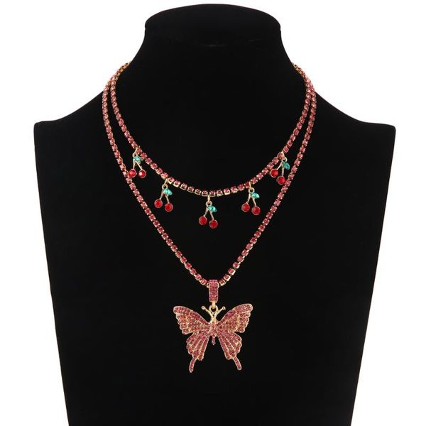

chokers crystal cherry necklace women rhinestone chain choker butterfly pendant necklaces 2021 fashion sweet fruit jewelry gift, Golden;silver