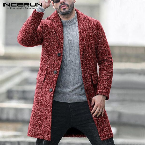 

incerun winter fashion men blends coats faux wool trench single breasted long sleeve slim fit jackets overcoats streetwear 2020, Black