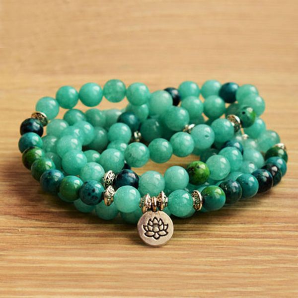 

tennis 108 beads green stone mala lotus bracelet yoga om spiritual healing wraps jewelry or necklace, Golden;silver